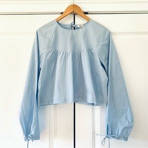 Wilfred Aritzia blouse long sleeve tie back pleated cotton poplin Enola blue